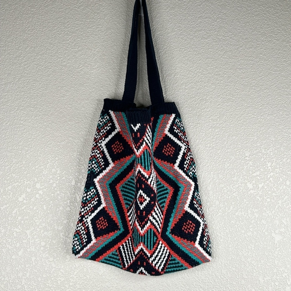 Bohemian Boho Blue Geometric Tribal Pattern Knitted Shoulder Bag New without tag - Picture 3 of 8